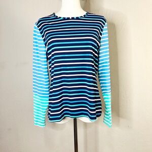 Lands End Swim Shirt Rash Guard Striped Long Sleeve Shirt Top Blue Med P 10/12